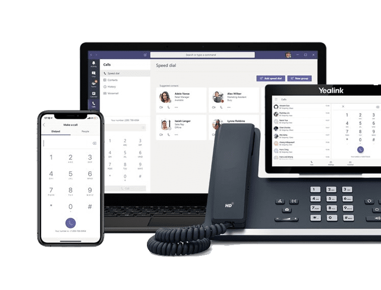 The Teams Voice setup, with web app, mobile app, and business phone
