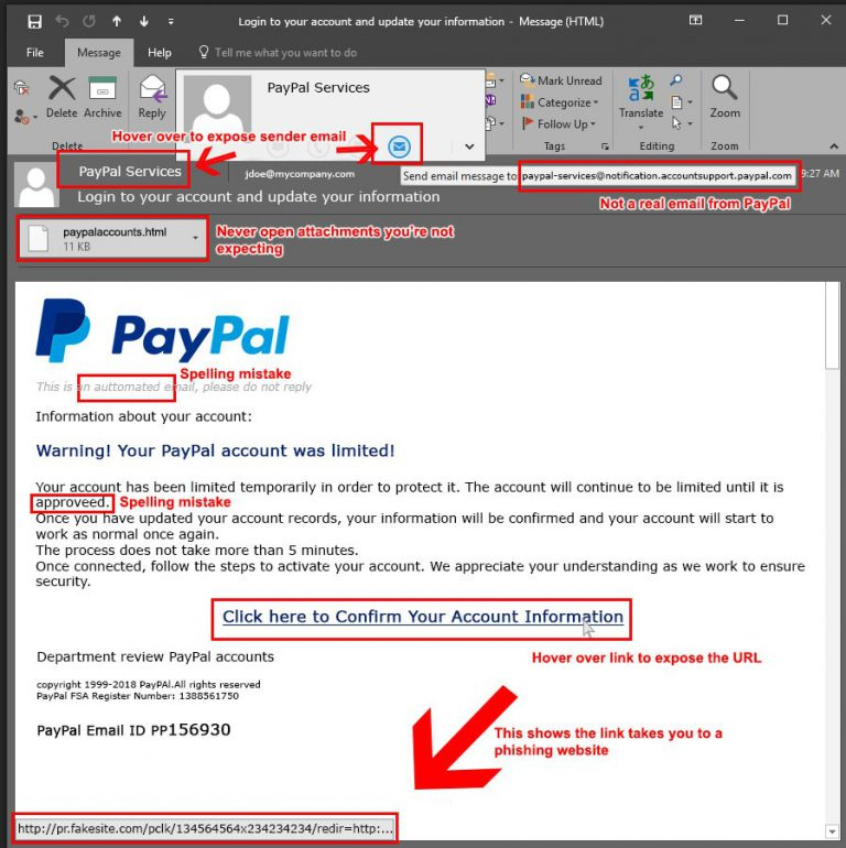 A fake Paypal email with a spelling mistake, an unexpected attachment, and a link to a website that is not paypal.com