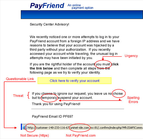 An fake online payment system message highlighting various issues – urgency "you must click the link," a questionable link, spelling errors, a threat to suspend your account.
