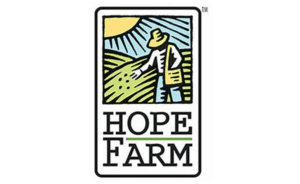 Logo of Hope Farm depicting a farmer sowing seeds in a field under a sunny sky.