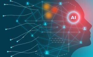 Illustration of a human head silhouette with a glowing "AI" label, connected by lines and dots to various icons representing profiles, symbolizing AI-powered cybersecurity and seamless data flow.