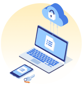 Illustration of a laptop, smartphone, USB key, and a cloud with a padlock, depicting cloud data security.