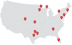 Map of the united states with marked locations of IT solution providers indicated by red pins.