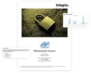 A conceptual image showcasing a padlock on a circuit board, representing data security, alongside a phishing test results summary report and a graph with analysis data.