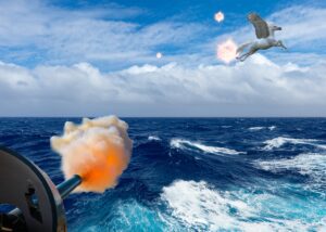 A cannon fires over a rough ocean towards a flying Pegasus in a blue sky with scattered clouds and explosions.