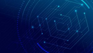 Abstract digital circuitry design against a deep blue background, with interconnected lines and points representing a technological network.