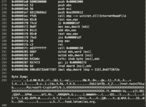 A screen displaying assembly code and a byte dump. The code includes instructions like "push," "mov," "call," and "test." The byte dump shows hex and ASCII values.