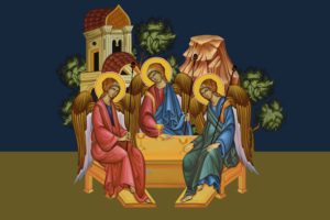 Three haloed figures with wings sit around a table in a traditional religious icon style, with a building and trees in the background.