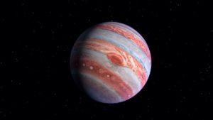 A digitally rendered image of Jupiter with its distinct, multicolored bands and the Great Red Spot set against a backdrop of stars.