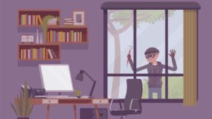 Illustration of a person wearing a mask and holding a crowbar, attempting to break into an office through a window. Inside the office are shelves of books, a desk, a computer, and chairs.