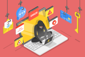 Illustration of a hooded hacker sitting on a laptop surrounded by icons representing cyber threats, including error messages, virus alerts, phishing emails, and stolen credit card information.