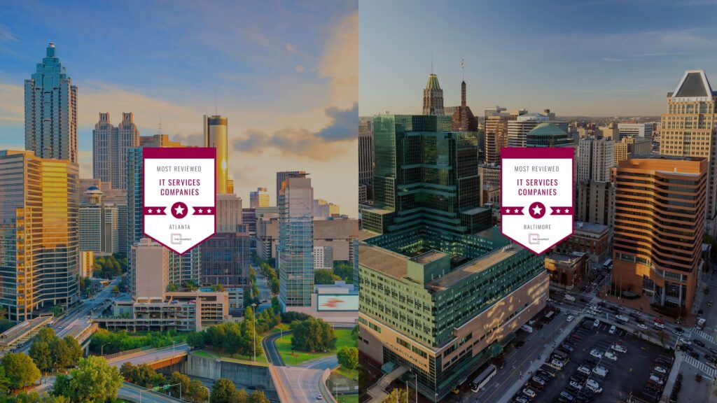A split image shows cityscapes of Atlanta on the left and Baltimore on the right, each labeled with a banner reading Most Reviewed IT Services Companies.