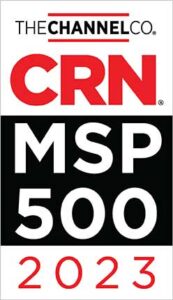 Logo of The Channel Co's CRN MSP 500 for the year 2023, highlighting top IT solution providers, with bold red and black text on a white background.