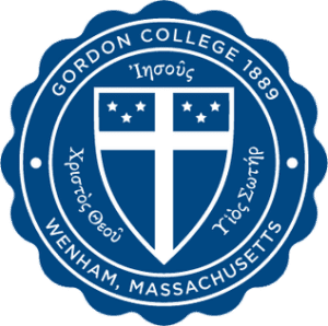 The logo of Gordon College features a blue circular emblem with a white cross and stars, surrounded by Greek text and the phrases "Gordon College 1889" and "Wenham, Massachusetts.