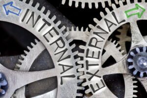 Close-up of interlocking gears labeled "Internal" and "External IT," with blue and green arrows pointing in opposite directions.
