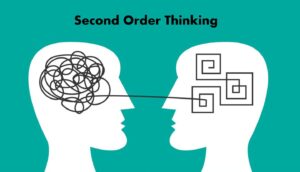 Illustration of two head silhouettes facing each other, with tangled lines in one head connected to organized lines in the other, symbolizing second order thinking. The text "Second Order Thinking" appears above them.