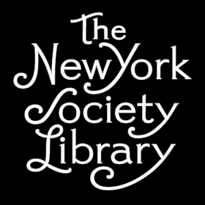 The image displays the text "The New York Society Library" in a stylized font against a black background.