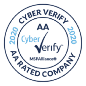 Dark blue circular logo with "2020 CYBER VERIFY", "AA RATED COMPANY", and "MSPAlliance®" written on it, signifying an AA rating in cybersecurity certifications.