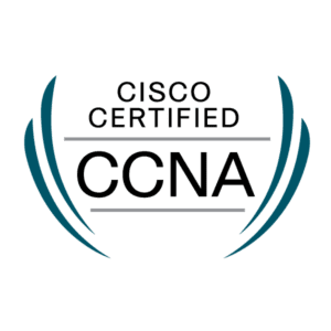 Cisco Certified Network Associate (CCNA) logo with "Cisco Certified CCNA" text centered and blue curved lines on either side, highlighting the importance of Cisco certifications.