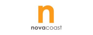 Logo featuring a large, lowercase orange letter 'n' above the text "novacoast" in black and gray, gaining notable press coverage.
