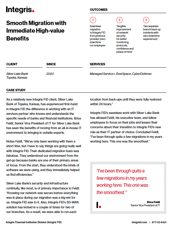 Image showing a case study for Integris IT solutions. It discusses the IT migration for Silver Lake Bank in 2020, highlighting outcomes, services, and client testimonial praising the smooth process.