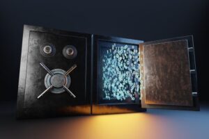 A digital safe is shown with its door open, revealing floating binary code inside, symbolizing data security and M365 cybersecurity.