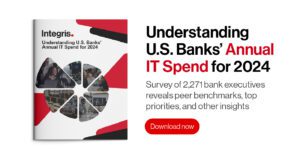 Cover of a report titled "Understanding U.S. Banks' Annual IT Spend for 2024." It features a pie chart and the text highlights a survey of 2,271 bank executives. Red "Download now" button included.