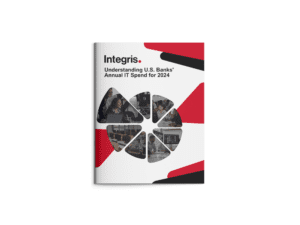 Cover of a report titled "Understanding U.S. Banks' Annual IT Spend for 2024" by Integris, featuring a pie chart with various images on a red, black, and white background.