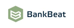 The image shows the logo of BankBeat. It consists of a green hexagon with a stylized white letter "B" inside, next to the text "BankBeat" written in dark blue font.