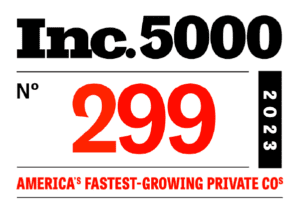 The image displays the "Inc. 5000" logo with the number "299" in large red font, indicating the rank of an IT solution provider. To the right is "2023" in vertical orientation. Below, it reads "America's Fastest-Growing Private Companies" in red uppercase letters.