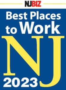 A promotional graphic with the NJBIZ logo at the top, followed by the text "Best Places to Work in NJ 2023" featuring an award-winning IT solution provider. The background is blue with bold white and yellow text.