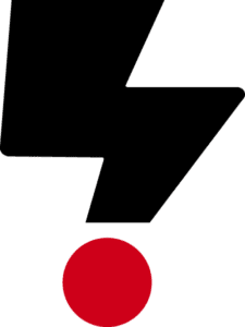 A minimalist design featuring a black, stylized lightning bolt above a solid red circle on a white background, reminiscent of sleek IT services branding.