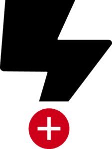 A black lightning bolt symbol pointing downwards with a red circle containing a white plus sign below it, representing the dynamic energy and support provided by our IT services.