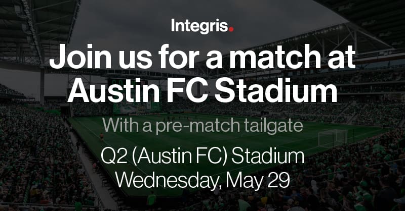 Advertisement for a soccer match at Austin FC Stadium with a pre-match tailgate event on Wednesday, May 29, featuring resources and a view of a crowded stadium.