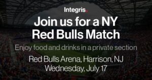 Promotional image for a NY Red Bulls match at Red Bulls Arena in Harrison, NJ on July 17, inviting guests to enjoy resources such as food and drinks in a private section, with Integ
