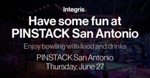 Promotional image for a fun event at Pinstack San Antonio, featuring bowling with food and drinks, scheduled for Thursday, June 27, highlighting our resources.