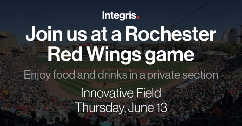 Promotional image for an event at a Rochester Red Wings game at Innovative Field, with resources inviting guests to enjoy food and drinks in a private section on Thursday, June 13.