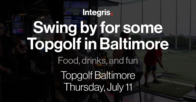 Promotional banner for a topgolf event in Baltimore, featuring resources and text for an event on July 11 with food, drinks, and fun, overlaying a blurred background of people at a