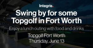 Advertisement for a topgolf event in Fort Worth, highlighting resources with text over an image of a topgolf venue at dusk, featuring golf bays and a dark sky.