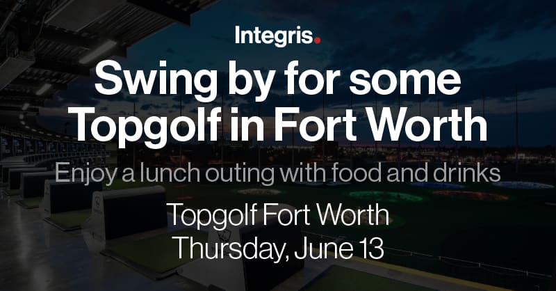 Advertisement for a topgolf event in Fort Worth, highlighting resources with text over an image of a topgolf venue at dusk, featuring golf bays and a dark sky.