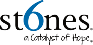 Logo of "6stones" featuring a stylized numeral "6" in blue, followed by the word "stones" in black lowercase letters.