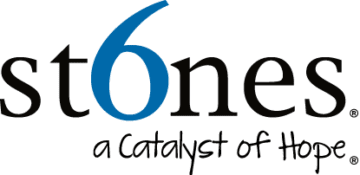 Logo of "6stones" featuring a stylized numeral "6" in blue, followed by the word "stones" in black lowercase letters.