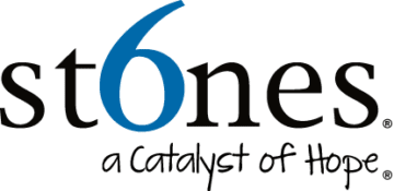 Logo of "6stones" featuring a stylized numeral "6" in blue, followed by the word "stones" in black lowercase letters.