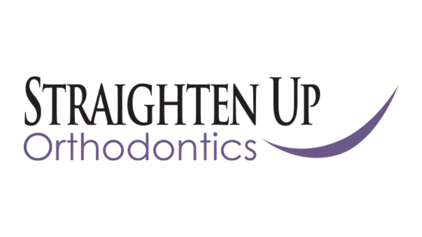 Logo of Straighten Up Orthodontics featuring the text "Straighten Up Orthodontics" with a curved purple line beneath.