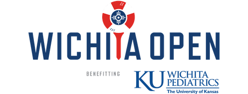 Logo of the wichita open featuring blue and red text with a circular emblem displaying a cross and a propeller, sponsored by ku wichita pediatrics.