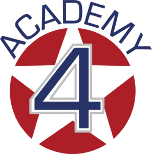 Logo of academy 4 featuring a large blue number 4 centered over a stylized red and white circular background.