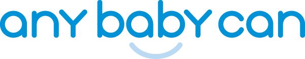 Logo of "any baby can" in lowercase blue letters with a smile under the text.