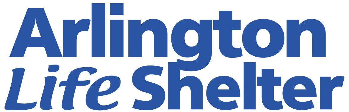 Logo text in blue: "arlington life shelter" with the words in a bold, sans-serif font.