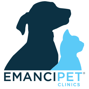 Logo of emancipet clinics featuring silhouettes of a dog and a cat with the text "emancipet clinics" below.