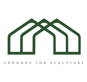 Logo of grounds for sculpture featuring a stylized outline of three interconnected buildings with green accents and turquoise windows.